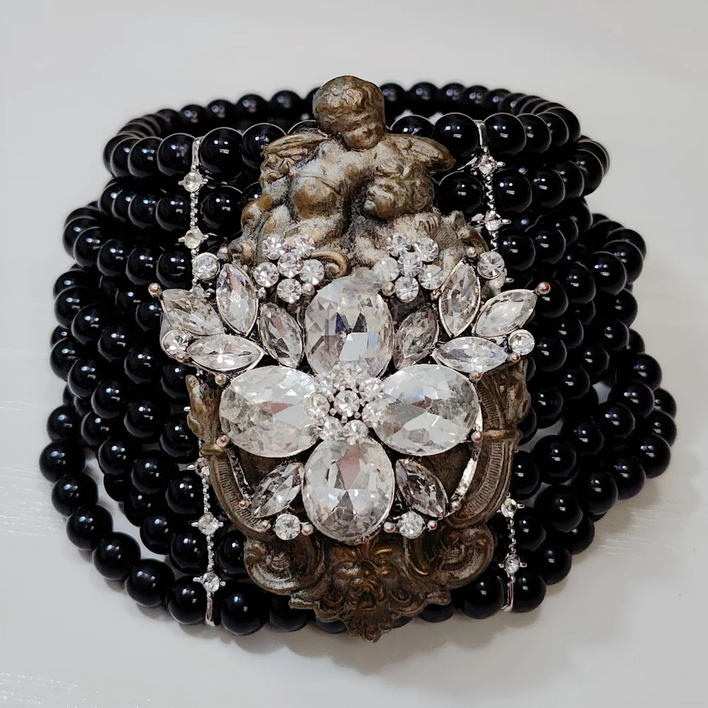 Upcycled Hand Crafted Extra Wide Black Bead Rhinestone Brass Cherub Bracelet - Picture 13 of 13
